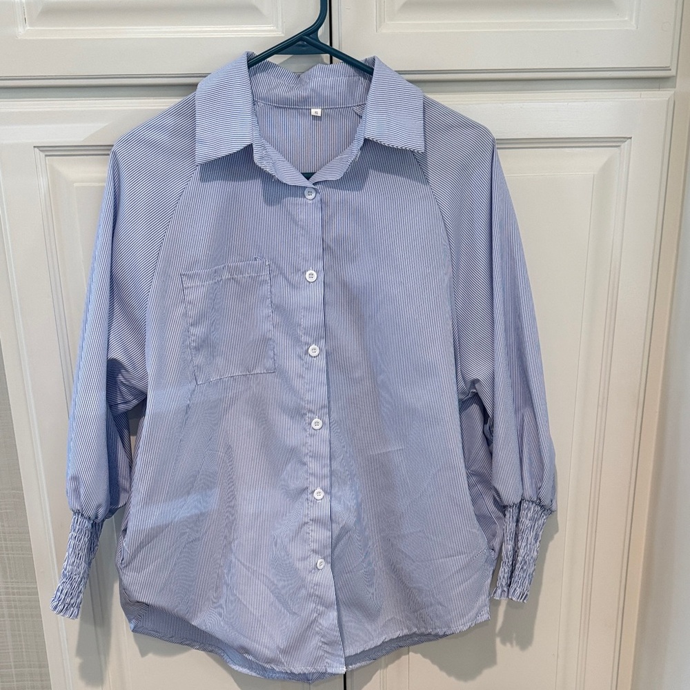 Blue + White Pinstripe Shirt with Wrist Detail  Small